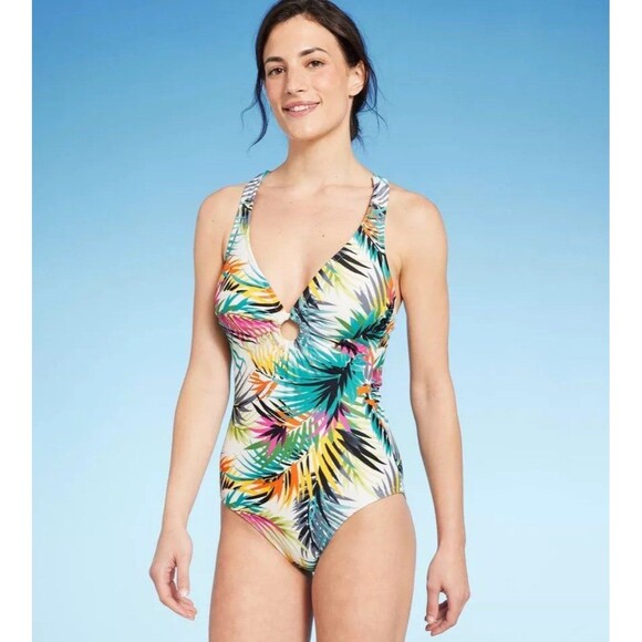 Shade & Shore Other - NWT Shade & Shore Tropical Print Plunge Ring Detail One Piece Swimsuit